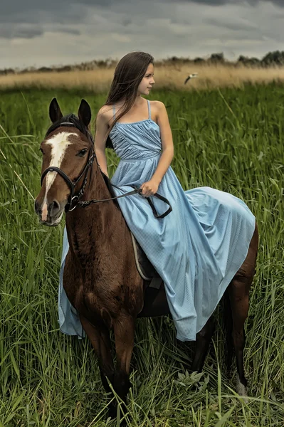 Belle fille avec cheval sur la nature — Photo