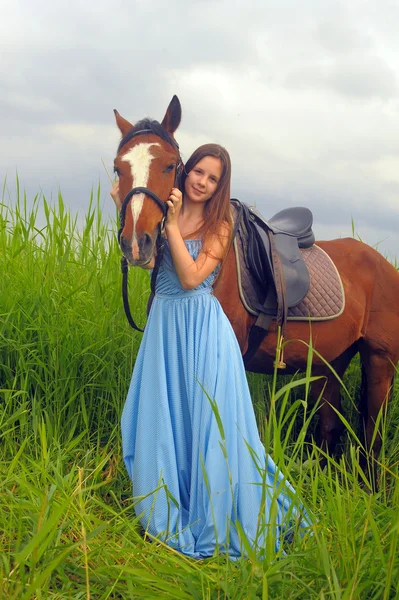 Hermosa chica con caballo en la naturaleza — Foto de Stock