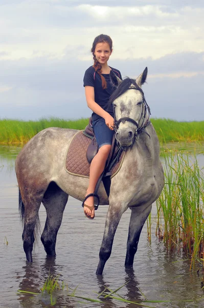 Bella ragazza con cavallo sulla natura — Foto Stock