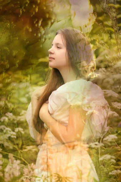 Girl in a white dress in the field — Stock Photo, Image