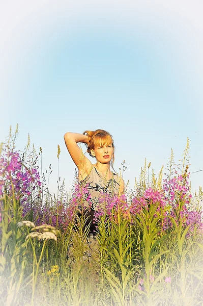 Žena v poli s willow čaje — Stock fotografie