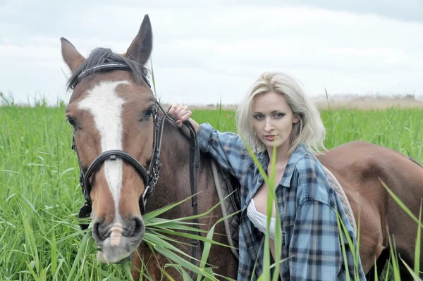Sexy blonde beside the horse — Stock Photo, Image