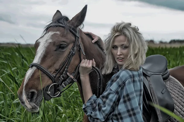 Loira sexy ao lado do cavalo — Fotografia de Stock