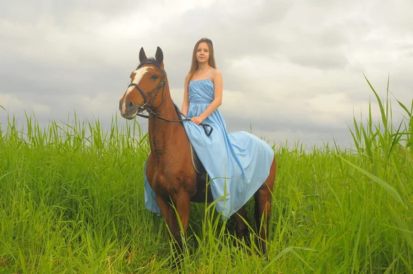 Девушка в длинном платье с лошадью — стоковое фото