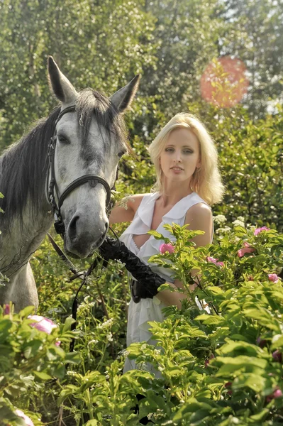 Ragazza bionda con un cavallo — Foto Stock