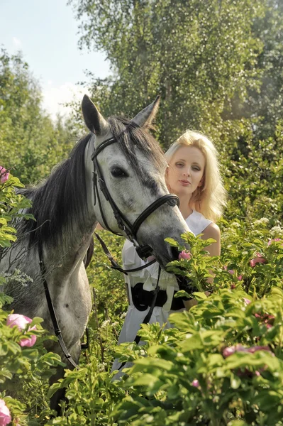 Blondýnka s koněm — Stock fotografie