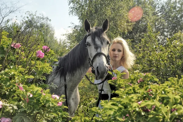 말과 함께 금발 소녀 — 스톡 사진