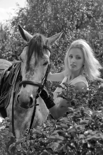 Chica rubia con un caballo — Foto de Stock