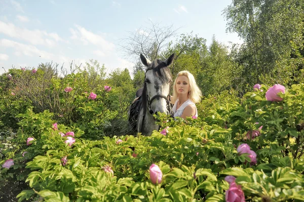 말과 함께 금발 소녀 — 스톡 사진
