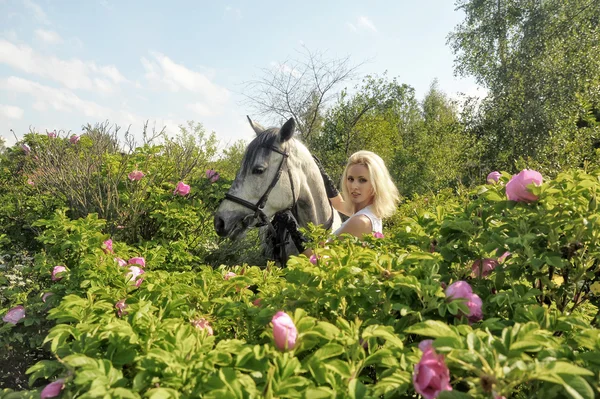 Menina loira com um cavalo — Fotografia de Stock