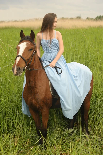 Girl in a blue dress with a horse — Stock Photo, Image