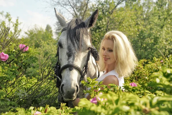Chica rubia con un caballo —  Fotos de Stock