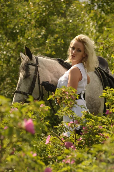 Chica rubia con un caballo —  Fotos de Stock