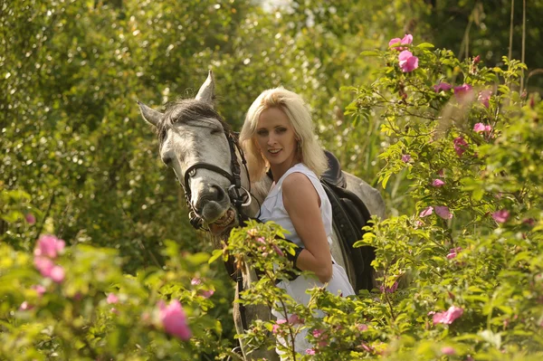 Chica rubia con un caballo — Foto de Stock