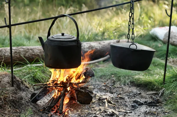 stock image Teapot and kettle on a fire in the summer