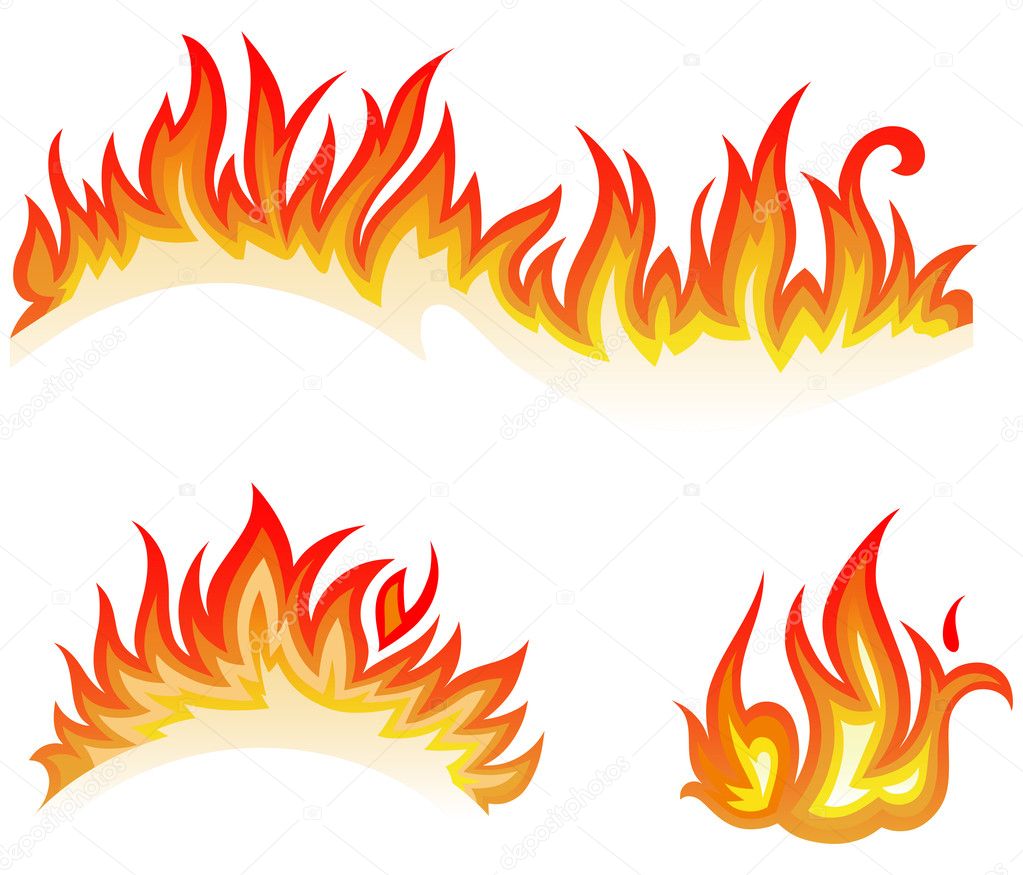 Fire flames on white background. Vector illustration in trendy