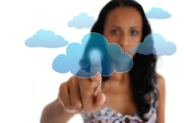 Kvinna som pekar på ett moln — Stockfoto
