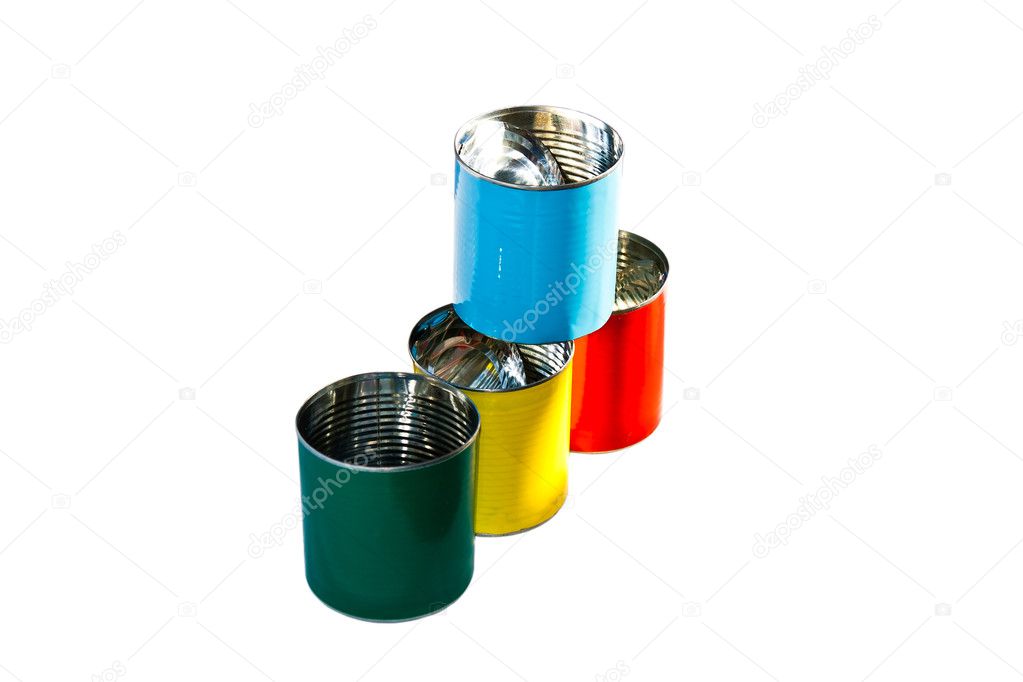 Colorful empty cans ( red blue yellow and green) isolate on whit