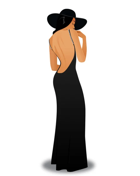 Chica en un vestido largo negro — Vector de stock