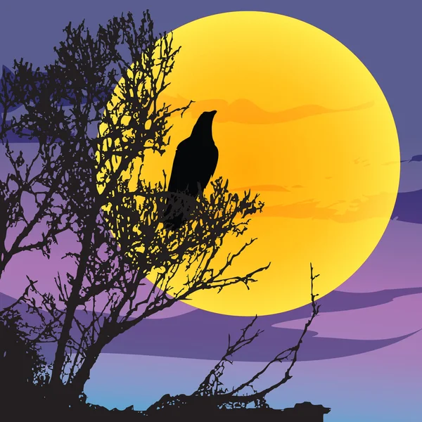 Night landscape with raven — Stock Vector