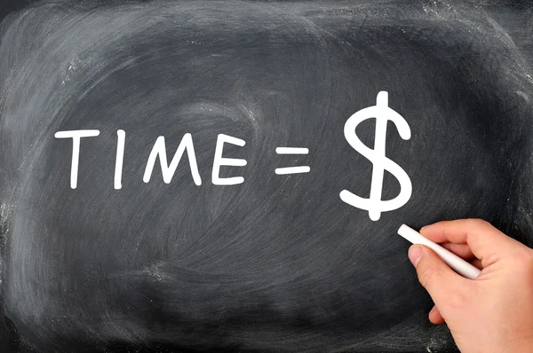 "Tid är pengar "handskriven med vit krita — Stockfoto