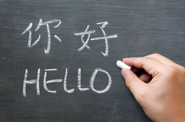 Hello - woord geschreven op een vlekkerig schoolbord — Stockfoto
