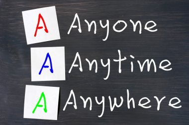 Acronym of AAA for anyone, anytime and anywhere clipart