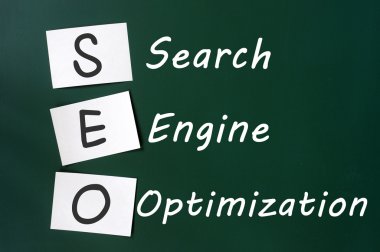 Acronym of SEO - Search engine optimization written on a blackboard clipart