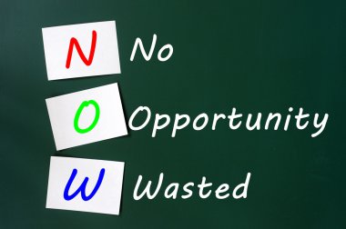 Acronym of NOW - No Opportunity Wasted on a chalkboard clipart