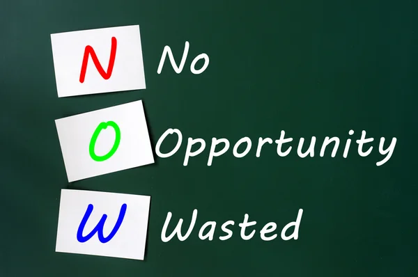 Acronym of NOW - No Opportunity Wasted on a chalkboard — Stock Photo, Image