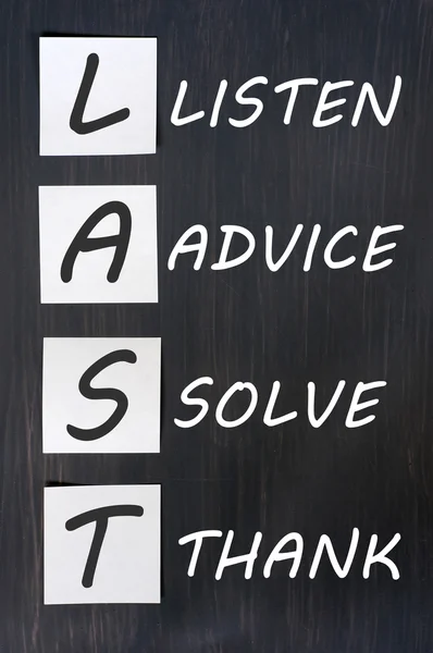 Acronym of LAST for listen, advice, solve, thank — Stock Photo, Image