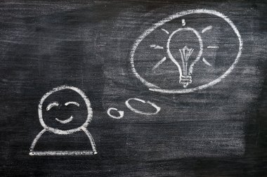 Speech bubble with a man figure and innovation bulb drawn on a blackboard background clipart