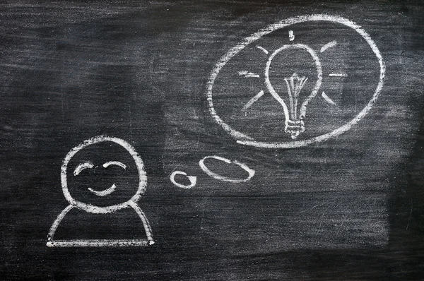 Tekstballon met een man figuur en innovatie lamp op een schoolbord achtergrond getekend — Stockfoto