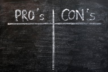 Pros and cons list drawn with chalk on a blackboard clipart