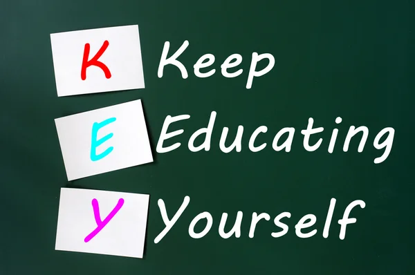 Belangrijkste acroniem-houden het onderwijs van jezelf op een schoolbord met sticky notes — Stockfoto