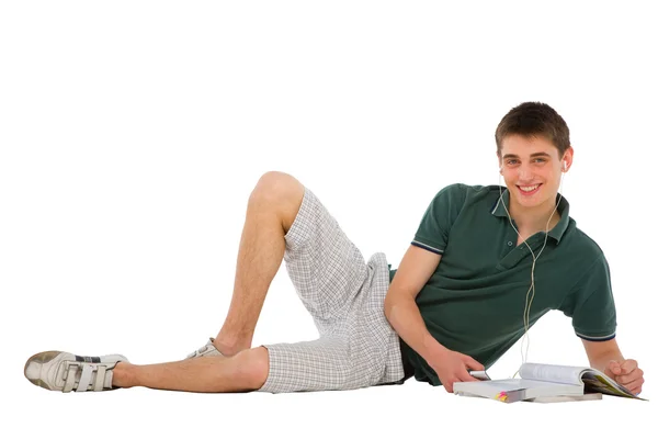 Teenage student with books and mp3 — Stock Photo, Image
