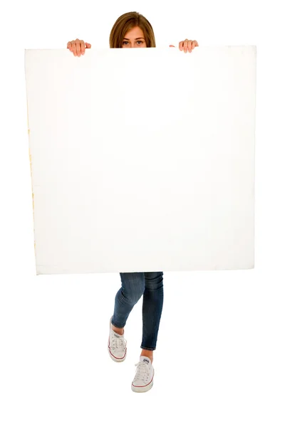 Beyaz panel ile genç kız — Stok fotoğraf