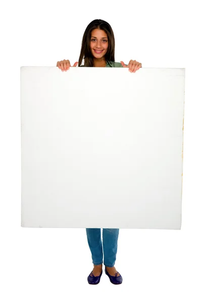 Adolescente chica con panel blanco — Foto de Stock