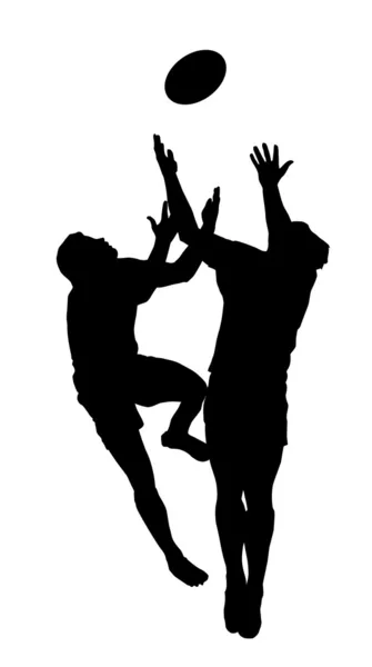 Спортивный силуэт - Прыжки в регби, чтобы поймать высокий мяч — стоковый вектор
