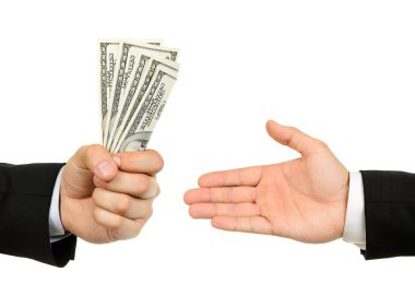 Hand handing over money to another hand clipart