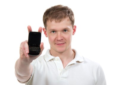 Man showing display of new touch mobile cell phone clipart