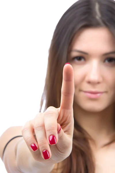 Mulher apontar botão dedo ou tela de toque — Fotografia de Stock