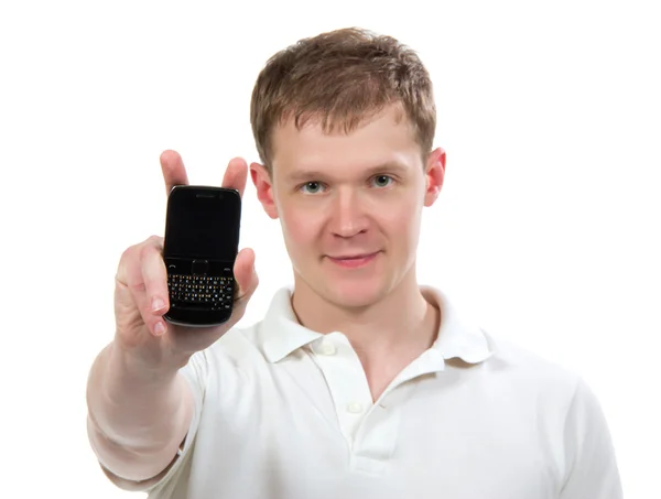 Man showing display of new touch mobile cell phone — Stock Photo, Image