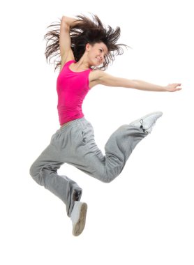 Modern slim hip-hop style teenage girl jumping dancing