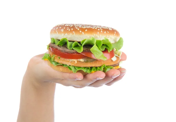 Big panino hamburger in mano — Foto Stock