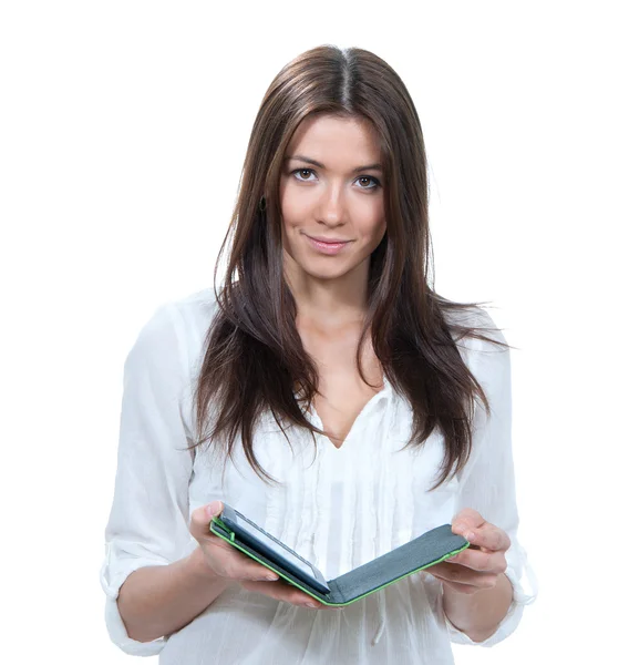 Vrouw met moderne ebook boek apparaat lezen — Stockfoto