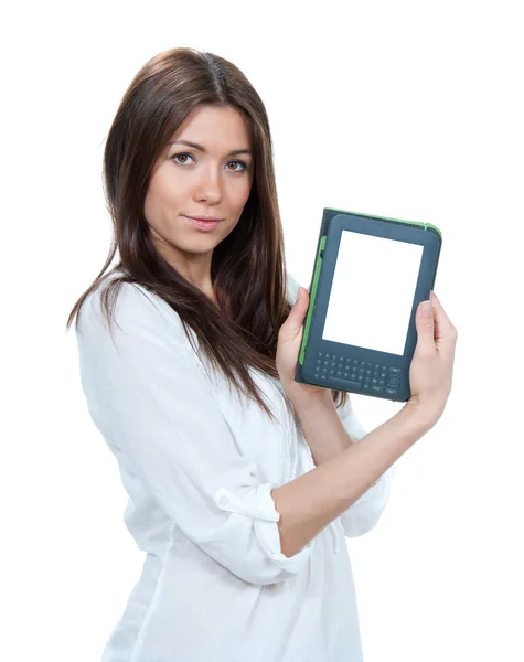 Woman with modern ebook book device reading — Stock Photo, Image