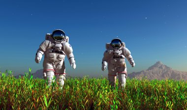 Two astronauts on the green grass. clipart