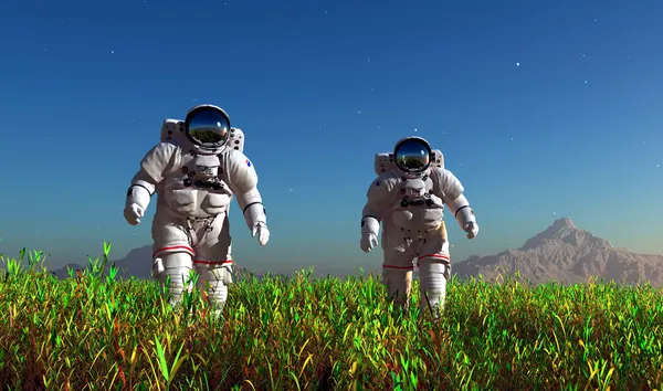 Twee astronauten op het groene gras. — Stockfoto