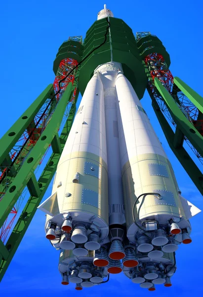 Baikonur com a nave espacial contra o céu — Fotografia de Stock